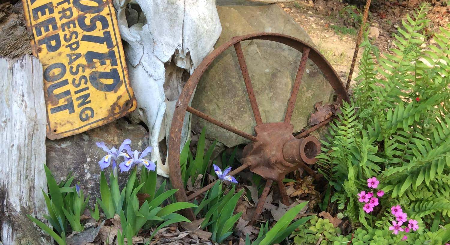 gLandscaped flowers with rocks, an animal skeleton, and a rusted no trespassing sign and wagon wheel