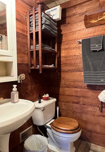 Bathroom with pedestal sink, toilet, shelves with towels and mirror