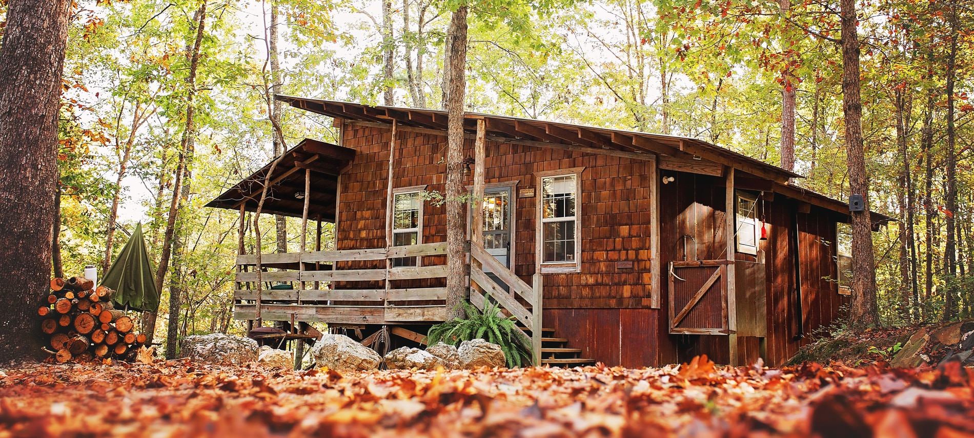 Exterior view of wood cabin surrounded by trees in the fall with fallen leaves on the ground